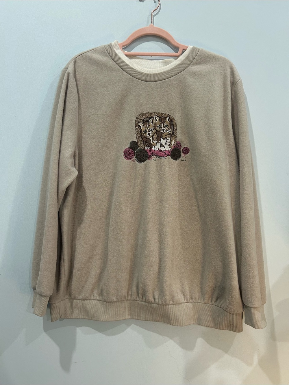Beige Crewneck Sweatshirt with Cat Embroidery